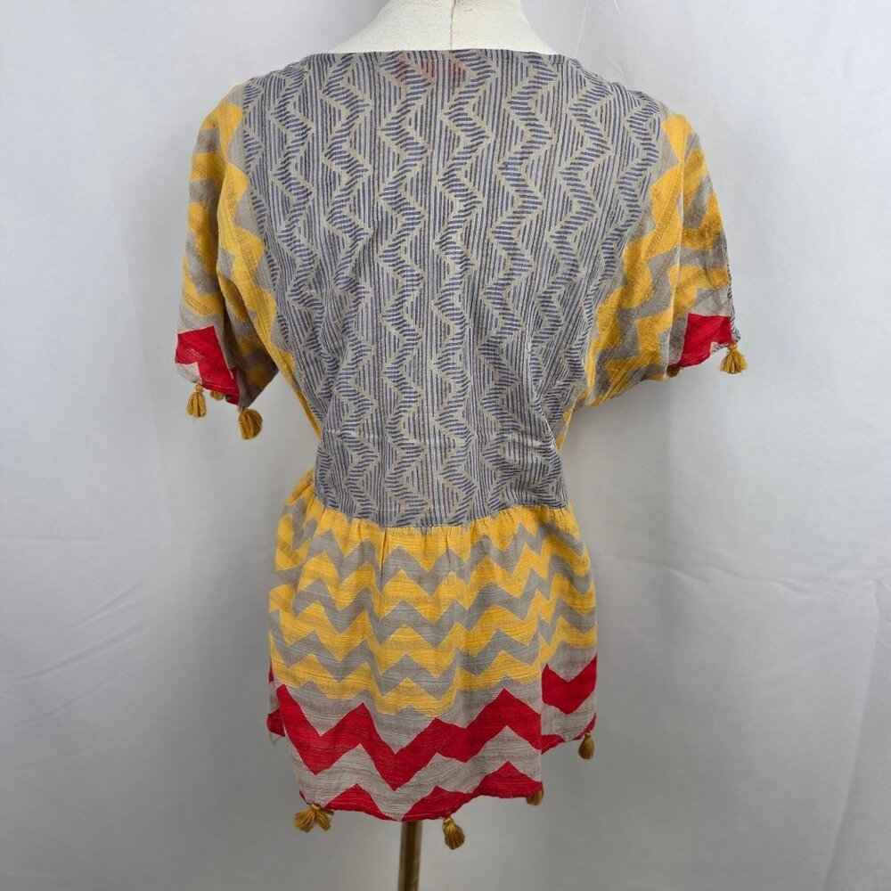 Oliphant Top XS Multicolor Tan Chevron Cotton Boho Blouse Tassels SS Folk Artsy - Picture 4 of 10